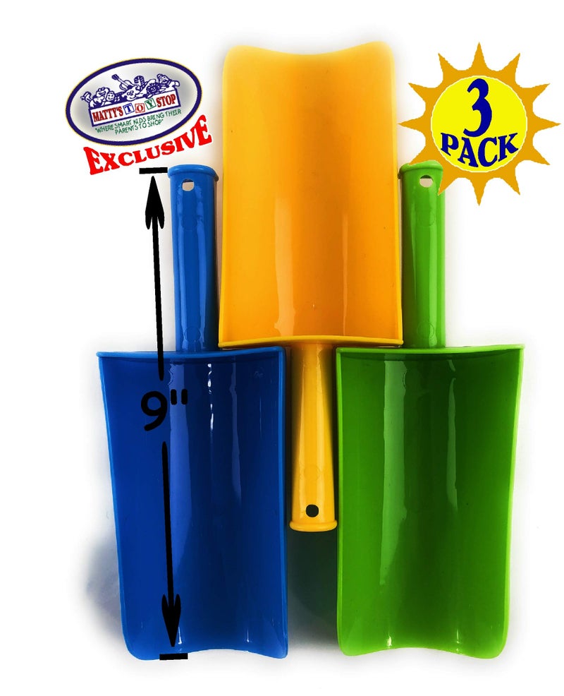 Matty's Toy Stop 9" Kids Short Handle Sand Scoop Plastic Shovels for Sand & Beach (Yellow, Blue & Green) Gift Set Bundle - 3 Pack - Image 4
